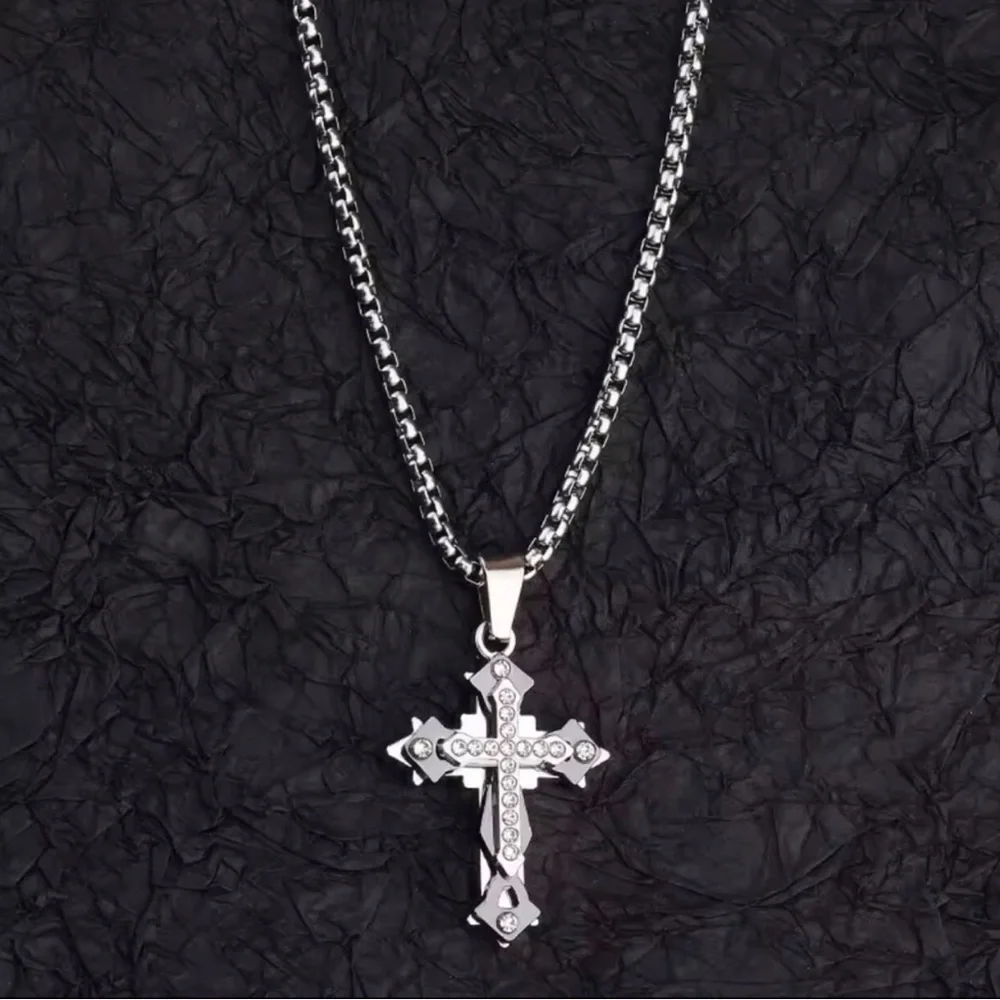 Silver Crystal Cross Pendant Necklace